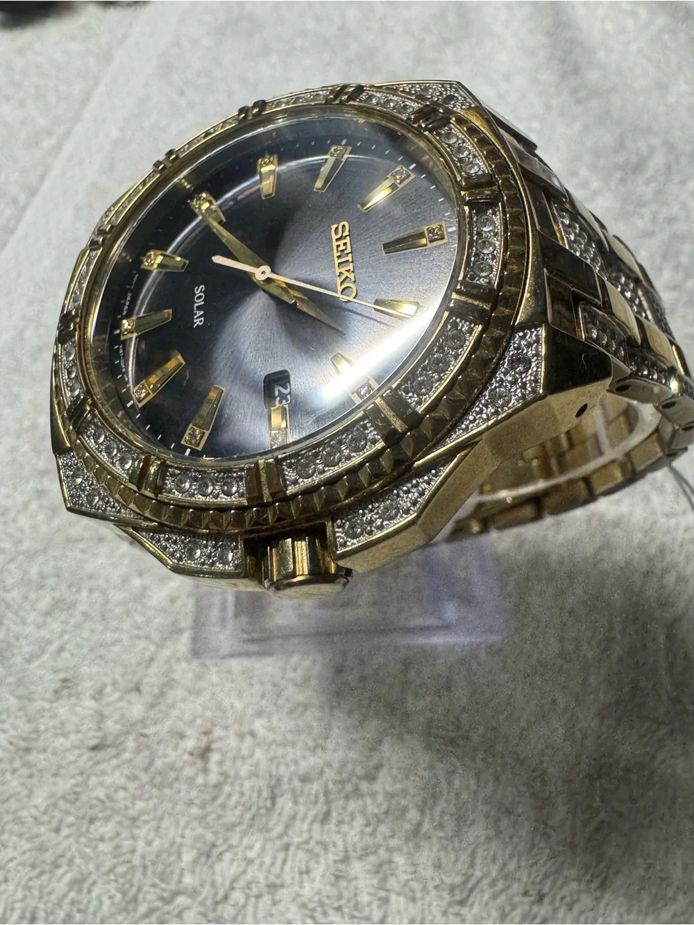 Seiko Gold-Tone Watch with Black Dial and Crystal Accents